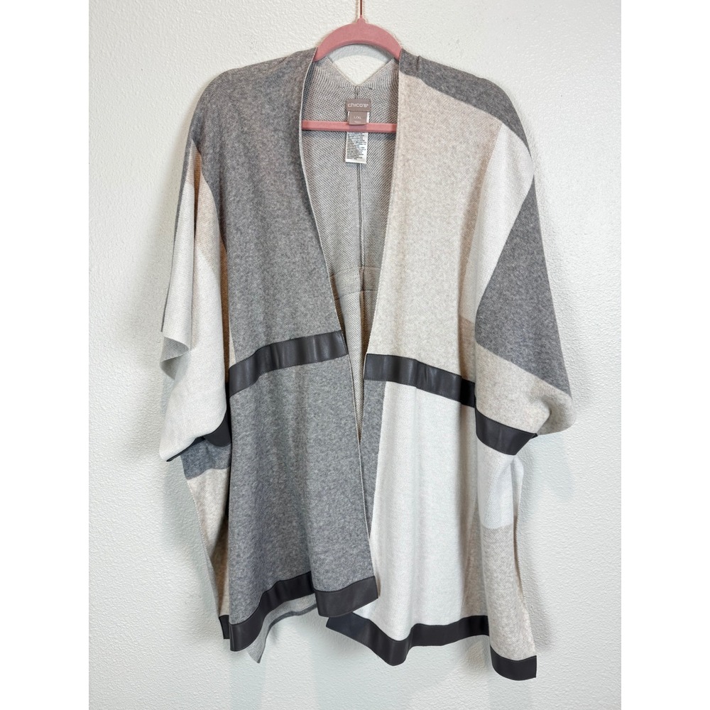 Chico's Poncho Women L/XL Grey Colorblock Faux Leather Trim Open Front Wrap